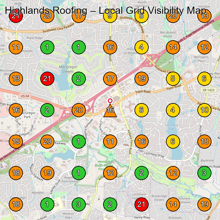 Highlands Roofing Roofing Contractor GeoGrid ranking map for Cary NC